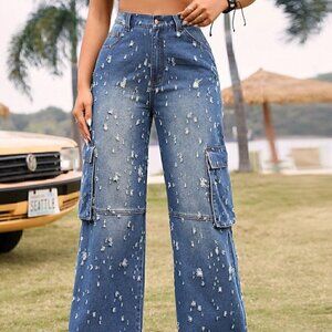 Blue Preppy Women's Ripped Workwear Pocket Denim Jeans